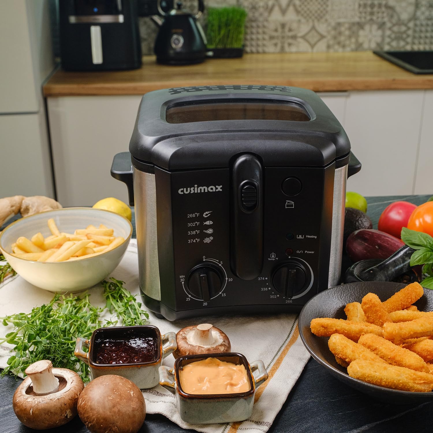CUSIMAX Electric Deep Fryer for Home Use, 2.5 Liter 1500W Small Deep Fryer with Basket, Adjustable Temperature & Time, Lid with View Window and Odor Free Filter